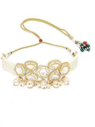 Karatcart Pearl Beaded Polki Kundan Choker Necklace Set for Women