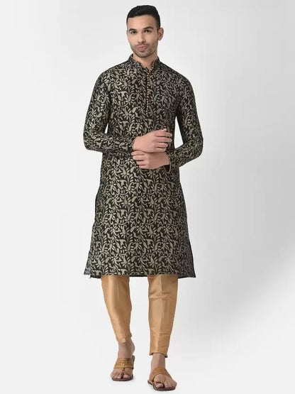 AHBABI Men's Printed Dupion Silk Kurta Pyjama Set Black-Golden