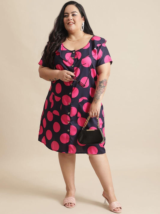 Flambeur Plus Size Polka Dot Shirt Style Short Dress for Women