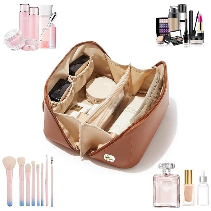 Double-Zipper Leather Cosmetic Travel Bag