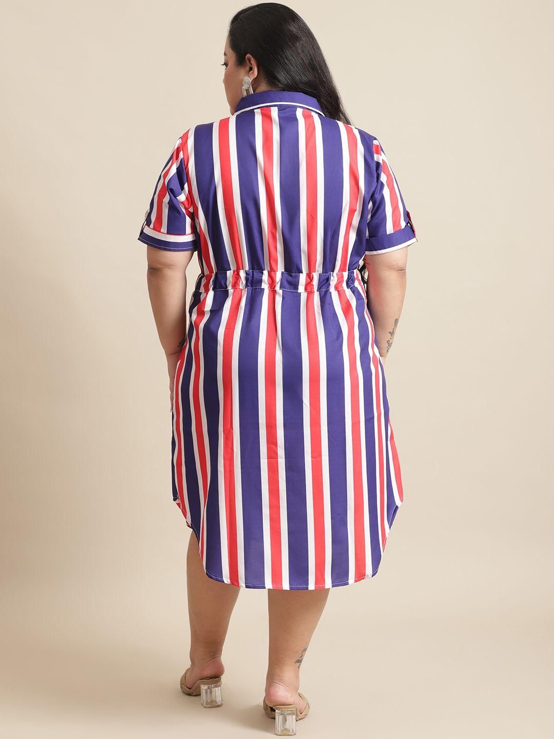 Flambeur Plus Size Stripe Shirt Style Midi Dress for Women