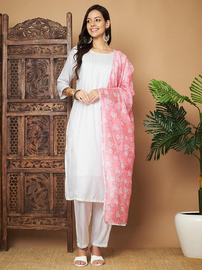 Women Embroidered Straight Kurta Pant With Dupatta Set