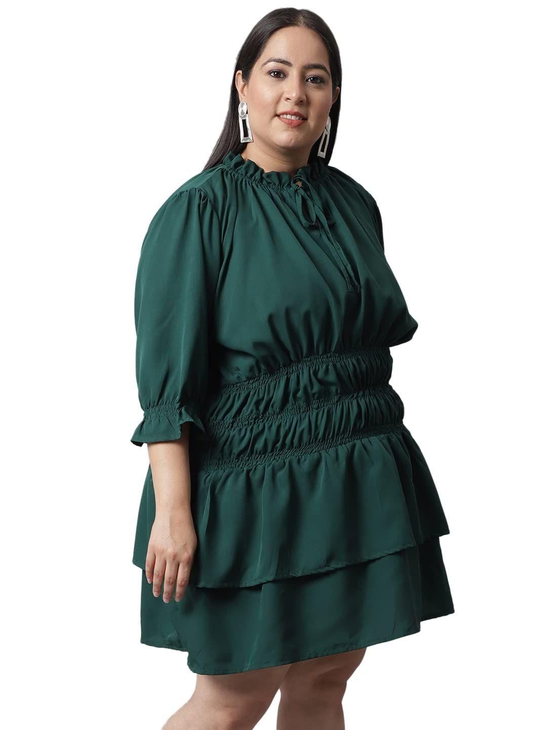 Flambeur Plus Size Green Solid Flared Short Dress for Women