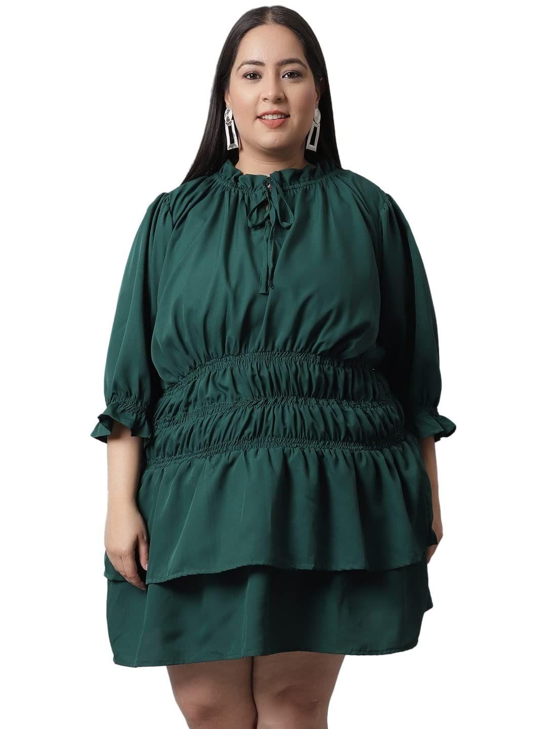 Flambeur Plus Size Green Solid Flared Short Dress for Women