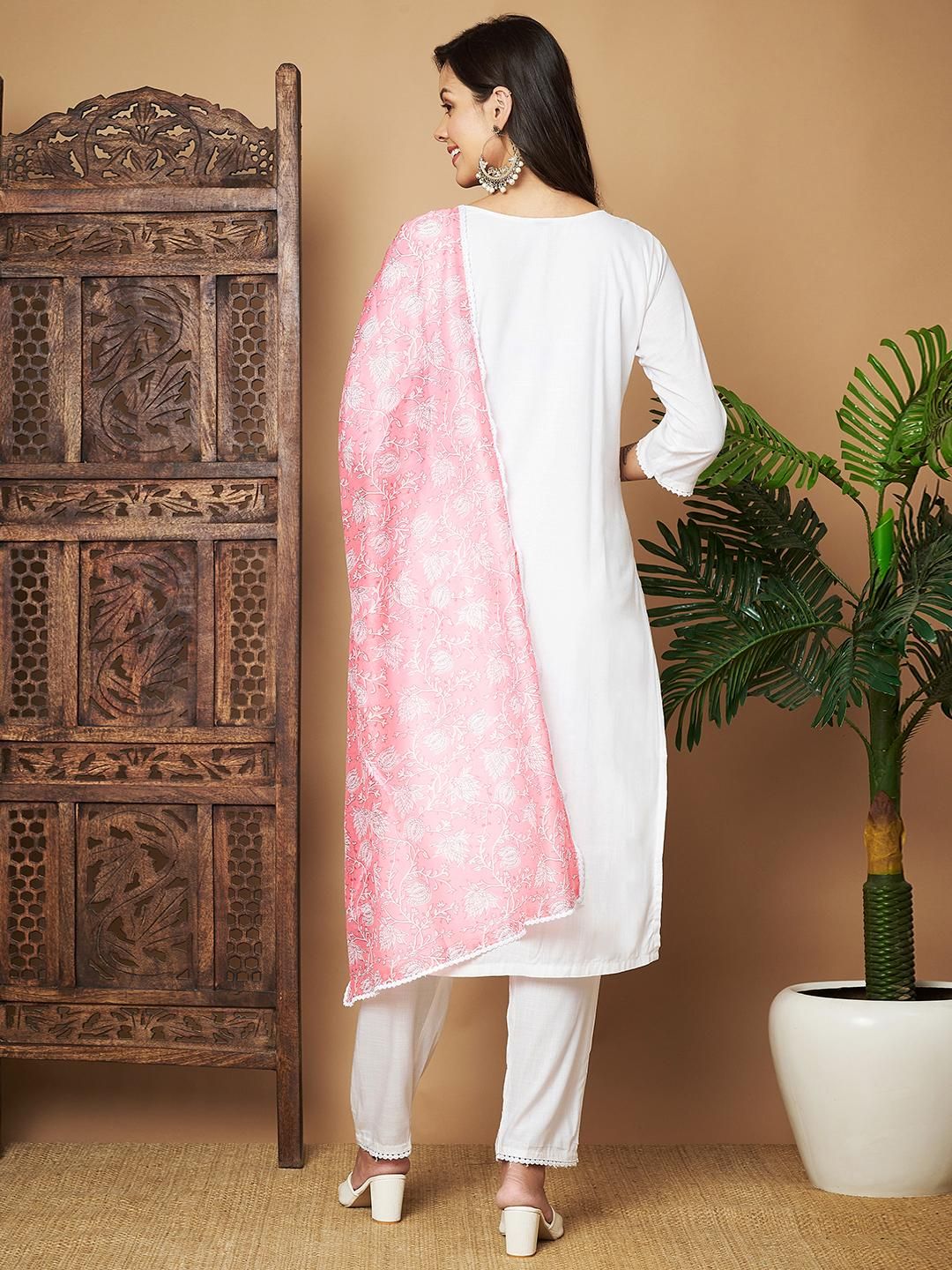 Women Embroidered Straight Kurta Pant With Dupatta Set