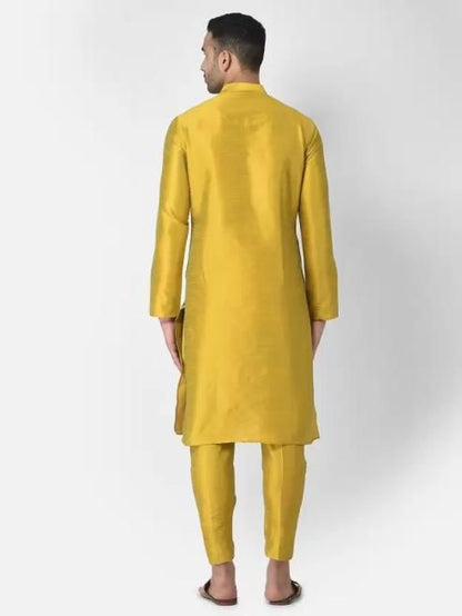 AHBABI Men's Solid Dupion Silk Kurta Pyjama Set Mustard