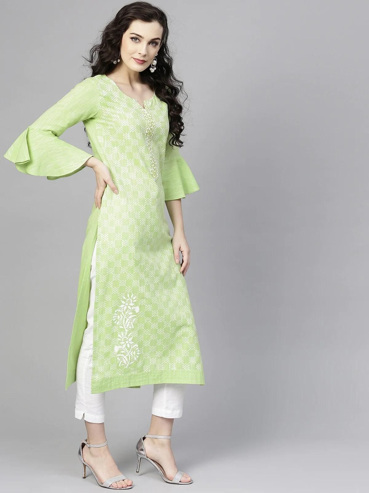 PANNKH Green Printed Chambray Kurta With Bell Sleeves