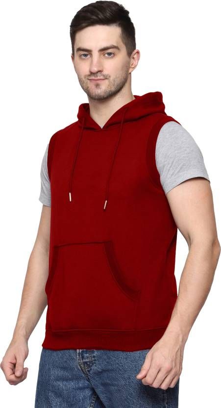 Men Sleeveless Solid Hooded Sweatshirt