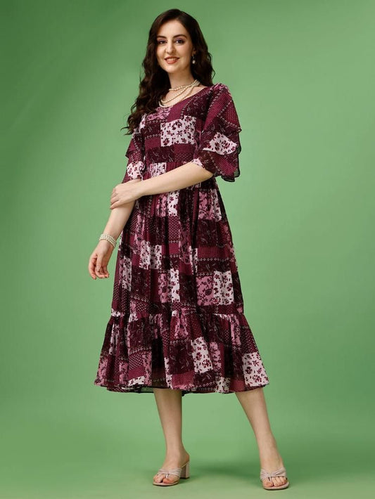 Plus Size Women's Georgette Printed Flared Midi Dress