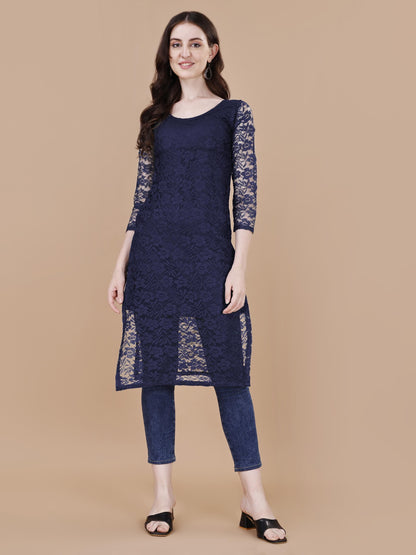 Women Rasal Net Embroidery Rayon Blue Kurti