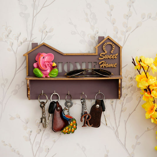 eCraftIndia "Sweet Home" Multiutility 5 Hooks Wooden Keyholder with Shelf