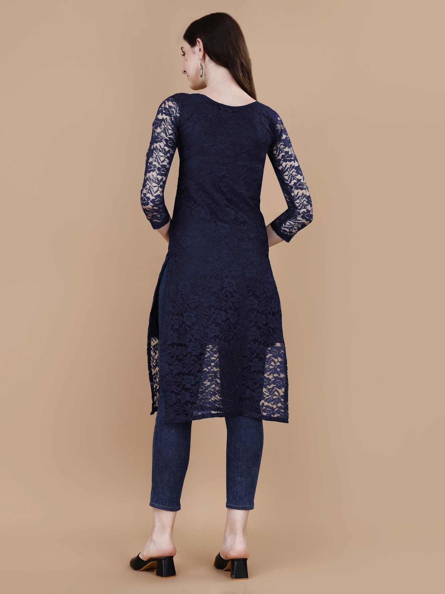 Women Rasal Net Embroidery Rayon Blue Kurti