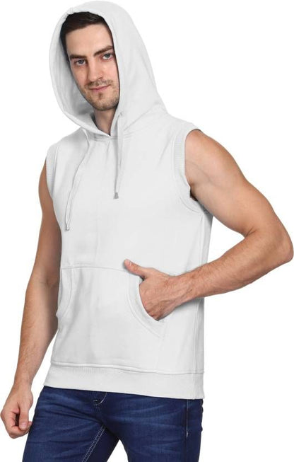 Men Sleeveless Solid Hooded Sweatshirt