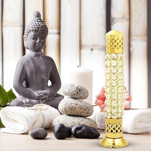 Incense Stick Holder with Ash Catcher| 25cm Height | Brass Crystal Incense Burner| Pack of 1