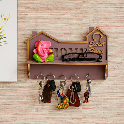 eCraftIndia "Sweet Home" Multiutility 5 Hooks Wooden Keyholder with Shelf