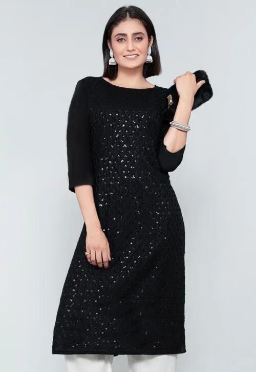 Women Chikan Kari Work Rayon Black Kurti