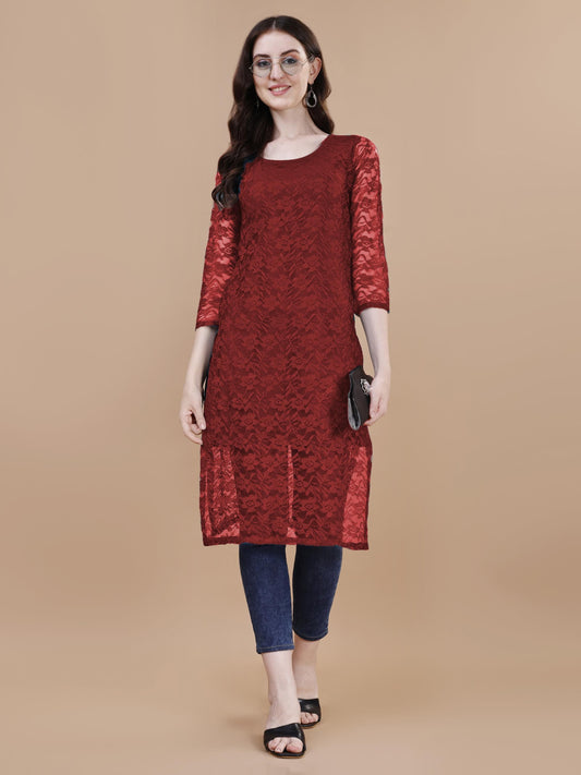 Women Rasal Net Embroidery Rayon Maroon Kurti